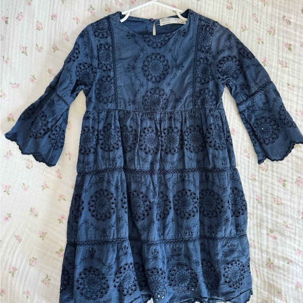 Zara Navy Blue Eyelet Tiered Cotton Dress